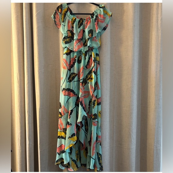 Express Teal Tropical print Off-Shoulder High Low Fit Flare Lined Dress Size S - Picture 3 of 10